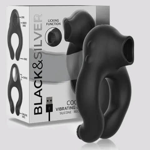 Imagen Anillo vibrador con lengua vibradora negro Black & Silver 4