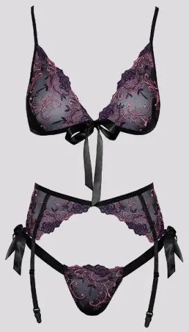 Imagen Conjunto sujetador ,tanga y liguero Kissable negro/lila S/M 3