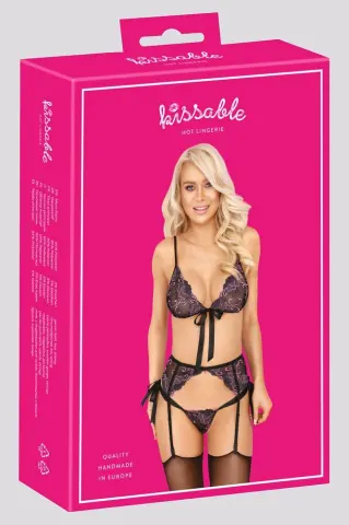 Imagen Conjunto sujetador ,tanga y liguero Kissable negro/lila S/M 4